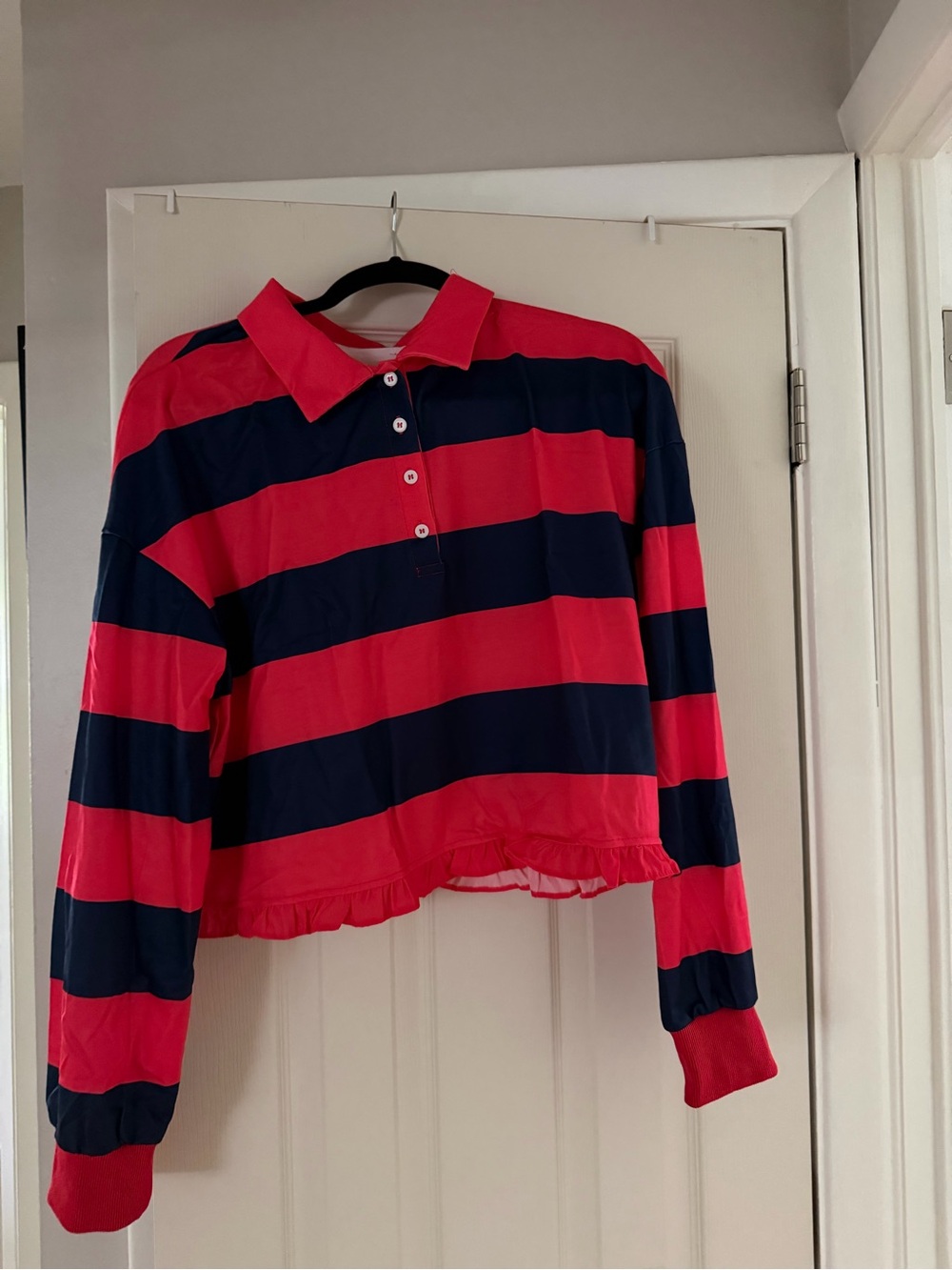 Woman’s Striped Long-Sleeve Polo Top - Red & Navy